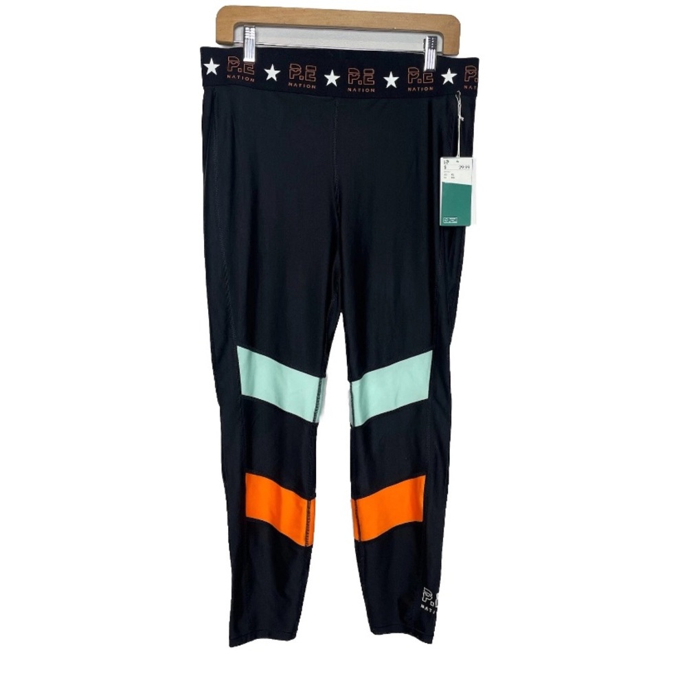 P.E Nation Black and Orange Athletic Leggings with Colorblock Design